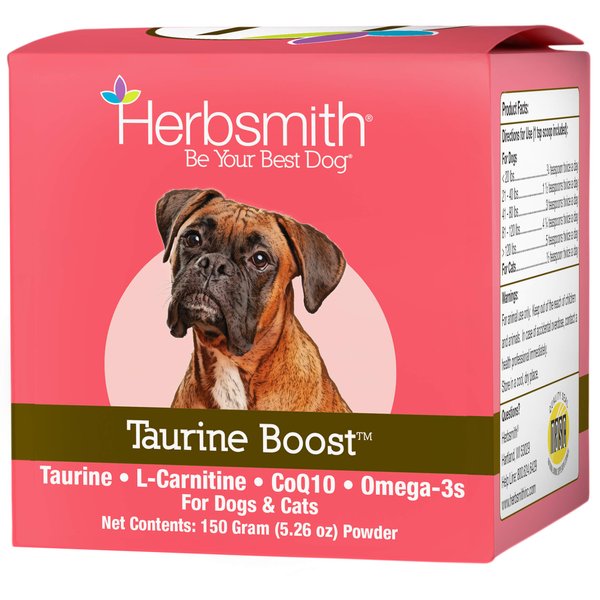 Herbsmith Taurine Boost - Cardiac and Heart Support for Dogs and Cats - Taurine Supplement for Dog and Cat Heart Health – with CoQ10, Taurine and L-Carnitine for Dogs - 150g