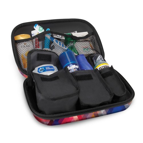 USA Gear Hard Shell Toiletry Travel Bag Organizer Kit with Customizable Storage Pockets - Perfect for Carrying Shampoo, Conditioner, Body Wash, Shaving Supplies and More Toiletries - Geometric