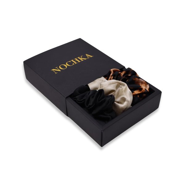 Mulberry Silk Scrunchies for Women - Premium Skinny Silk Hair Scrunchies for All Hair Types (3 Pack) - Made in USA Silk Hair Ties - Silk Scrunchies Frizz Prevention (Black, Champagne & Leopard)