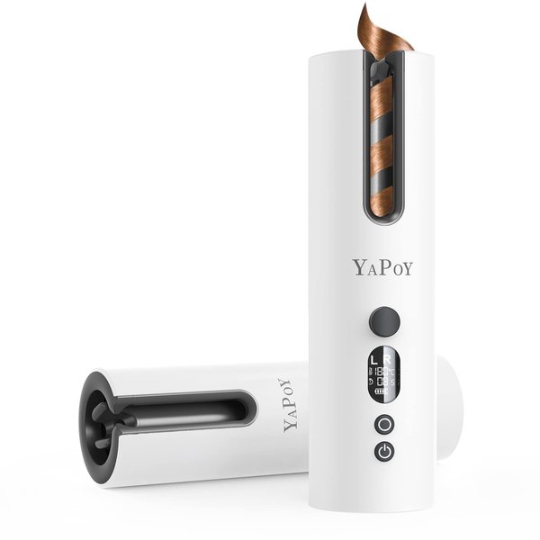 YAPOY Cordless Automatic Curling Iron Rechargeable Auto Curlers with 5 Temps & Timers, Heat Insulation Chamber, LCD Screen, Auto Shut-Off, Suitable for Short & Long Hair Styling - White