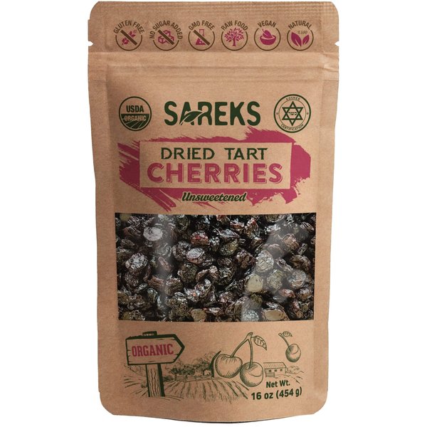 Organic Dried Tart Cherries Unsweetened - No Sugar - No Oil, Unsulfured, No Preservatives, Non-GMO 16 oz (NOTHING ADDED) Certified %100 USDA Organic, Dried Sour Cherries, Extra Grade (A+), Montmorency Cherries, Whole Cherry 1lb, By Sareks