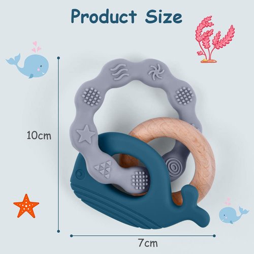 Vicloon Baby Teether Toys, Silicone & Natural Wood Teether Ring, Baby Teething Toys for Babies 3 Months+, Silicone Chewable Rings for Newborn Gift（Blue）