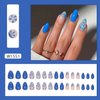 Blue Flowers Press on Nails Medium Almond Fake Nails French Tip Full Cover Glue on Nails Blue Pink Glossy Designs Cute Spring Summer False Nails Stick on Nails for Women Girls Nail Decorations