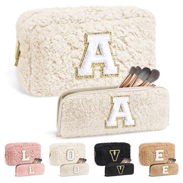 YOOLIFE Personalized Gifts for Women, Initial Makeup Bag with Makeup Brush Pouch Bridal Shower Gifts Unique Birthday Gifts Teacher Gifts Gifts for Sister Mom Gifts Christmas Gifts for Women (White A)