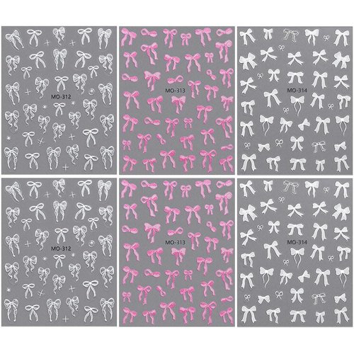 6pcs Cute Bow Nail Stickers for Women White Bow Nail Sticker Pink Bow Nail Decals for Nail Art Supplies 3D Nail Art Stickers Embossed Bow Stickers for Nails Bowknot Sticker Nails Stickers Nail Bows