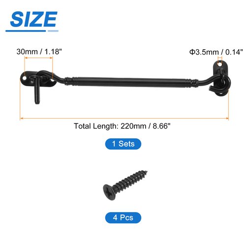 uxcell 8" Hook and Eye Latch, Barn Door Lock Stainless Steel Cabin Hook Privacy Door Gate Hooks for Window Sliding Door Fence Shed, Black