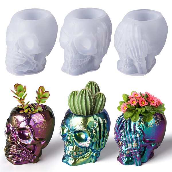 LET'S RESIN Skull Resin Molds, Hear-no, Speak-no, See-no 3 Pcs Skull Silicone Molds for Resin Crafts, Cute Epoxy Resin Molds Silicone for Resin Casting, DIY Craft, Home Decor