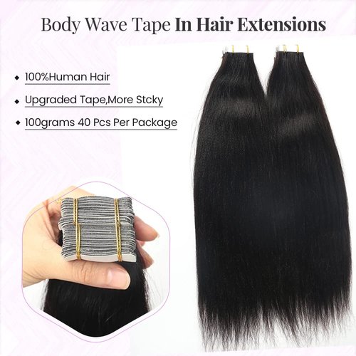 100G Tape in Hair Extensions Yaki Straight Tape in Human Hair Extensions 4C for Black Women 40Pcs Double Sided Seamless Skin Weft Tape on Hair Pieces InvisibleTape ins 18 Inch for Short Hair