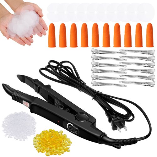 Fusion Hair Extensions Tools Keratin Hair Extension Tools Fusion Heat Iron Hair Extensions Heat Tool with Fusion Glue Protector Templates Hair Clips Finger Protector 2 Bags Keratin Glue Granule
