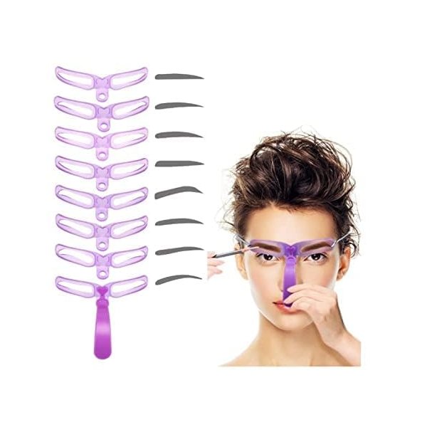Purple Washable Eyebrow Stencils, Eyebrow Shaping Kit, Eyebrow Template,8 Styles Reusable Eyebrow Stencil with Handle and Strap Eyebrow Color Eyes