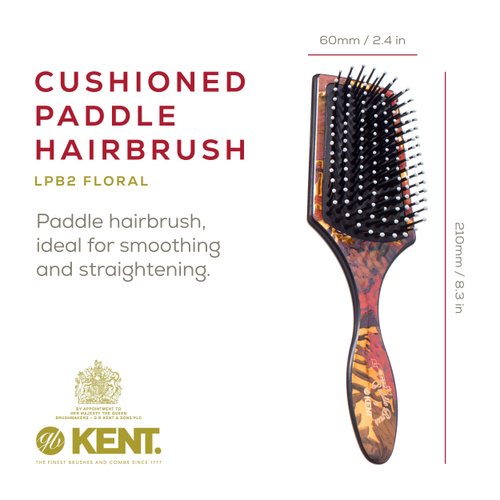 Kent LPB2 8.25" Small Square Paddle Cushioned Wet Dry Pro Hair Brush. Grooming, Detangling, & Smoothing Floral Print. Best Flat Everyday Men Women Brush For Curly, Thick or Thin Hair and Wigs