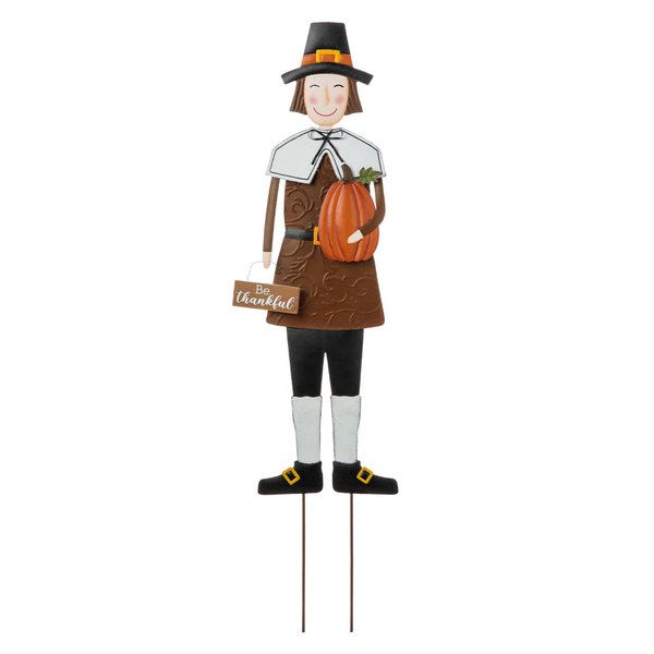 Glitzhome Thanksgiving Yard Stakes Metal Pilgrim Boy Yard Signs Hanging Wall Decors for Thanksgiving Fall Harvest Outdoor Decorations, 36" H