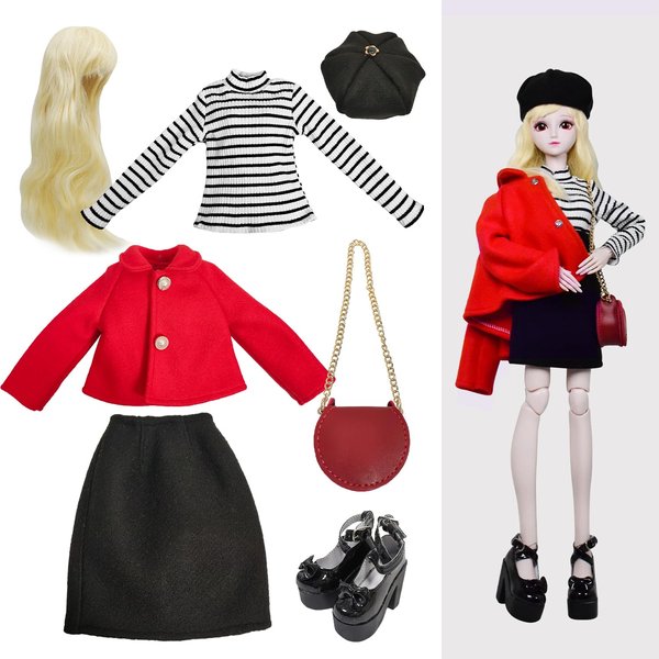 Proudoll 1/3 BJD Doll Clothes Outfit Set - Handcrafted Stylish Red Jacket, Beret, Black Skirt, and Long-Sleeve Shirt Set, Compatible with 1/3 60cm 24in SD Dolls