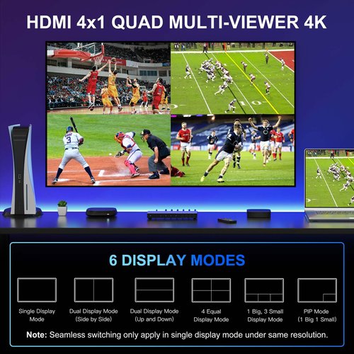 4K HDMI Multiviewer Switch 4x1 with PIP, PORTTA Quad Multi Viewer Seamless Switcher 4 in 1 Out with Toslink, 3.5mm Audio Output Support 4K 30Hz, 6 Viewing Modes, Downscaler, Compatible with PS4 Xbox