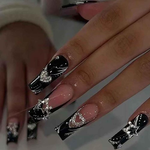 Foccna Press on Nails Long Rhinestone Pink Fake Nails Black Nails Square Bling Glossy 3D Flower False Nail Tips Artificial Nails Finger Manicure for Women and Girls-24pcs (Long Nails 2)
