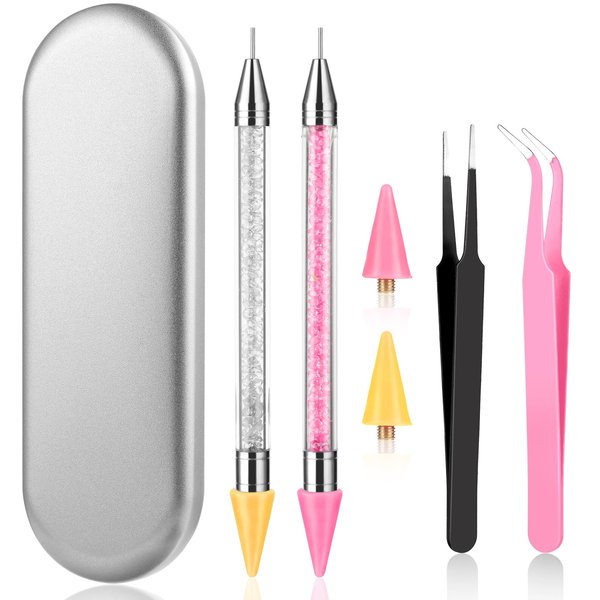 Rhinestone Picker Tool Set, 2 Pcs Rhinestones Diamond Dotting Pen with 2 Wax Tip and 2 Nail Art Tweezer Dual-Ended Rhinestones Pen for Nail Gems Crystals DIY Nail Art Crafts(Pink+Yellow)