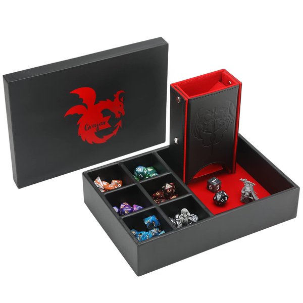 Grajar DND Dice Tray and Dice Tower with storage, 3 in 1 Dice Rolling Tray with Lid, Portable Dice Box Storage, DND dice holder for Dungeons and Dragons D&D RPG MTG Table Games (red)