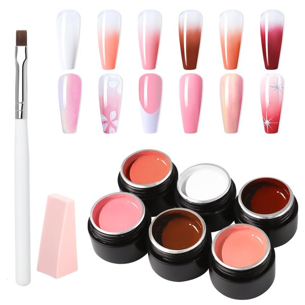 Makartt Pat Ombre Gel 6 Nude Gel Nail Polish Colors with Sponge & Nail Brush Gradient Painting Gel Ideal for DIY French Manicure Beginners