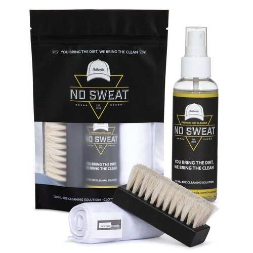No Sweat Premium Hat Cleaner. Includes 4 OZ of Cleaning Solution, Microfiber Cloth, & SOFT Bristle Brush. Works great on all of your favorite hats