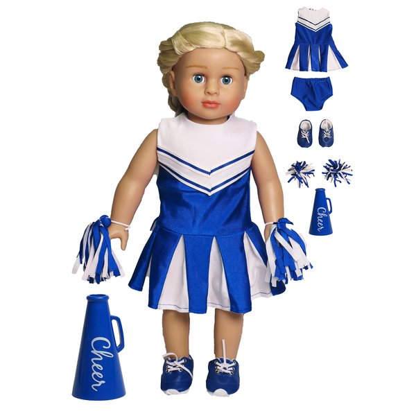 American Fashion World Blue Cheerleading Outfit for 18-Inch Dolls | Accessories Included | Premium Quality & Trendy Design | Dolls Clothes | Outfit Fashions for Dolls for Popular Brands