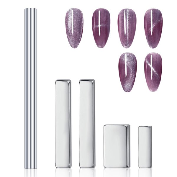 heemeei Cat Eye Magnet for Nails, 5 Pcs Double Ended Cylindrical Strong Nail Magnet Set, Super Long Nail Polish Magnet Pens, Magnet Stick for 3D Cat Eye Gel Polish, Home DIY, Salon, Studio