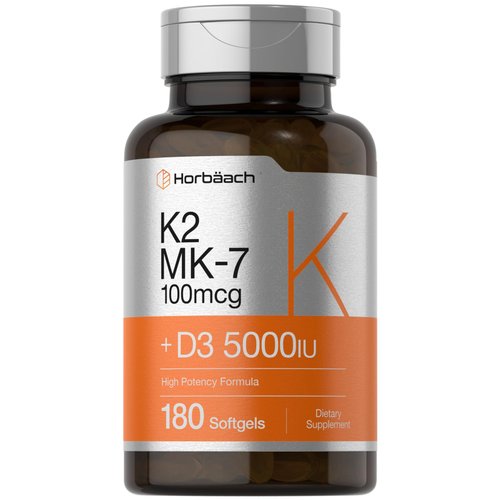 Horbäach Vitamin D3 K2 | 5000iu of Vitamin D & 100mcg MK-7 Complex | 180 Softgel Capsules | Non-GMO & Gluten Free Supplement
