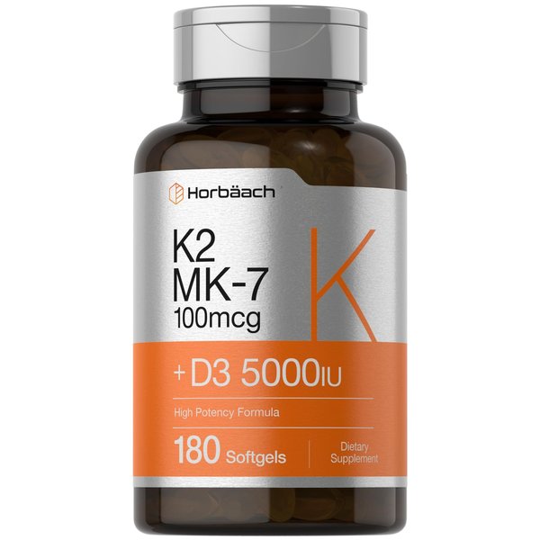 Horbäach Vitamin D3 K2 | 5000iu of Vitamin D & 100mcg MK-7 Complex | 180 Softgel Capsules | Non-GMO & Gluten Free Supplement