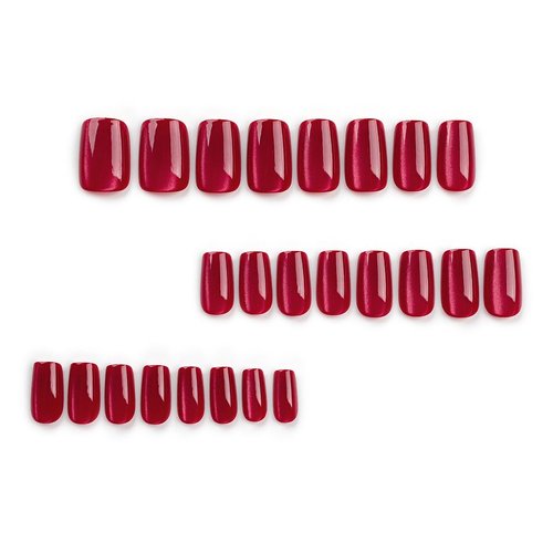 24Pcs Cat Eye Press on Nails Square Medium Fake Nails Red False Nails Glitter Full Cover Stick on Nails Artificial Acrylic Reusable Nail Design Glue on Nails for Women Girls Manicure Salon Decorations
