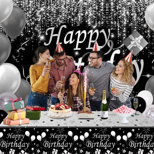 Black and White Party Decorations, Happy Birthday Decorations for Men Women with Photography Backdrop & Tablecloth Balloons Arch Kit Banner Birthday Party Supplies Bday Decor with Table Cover