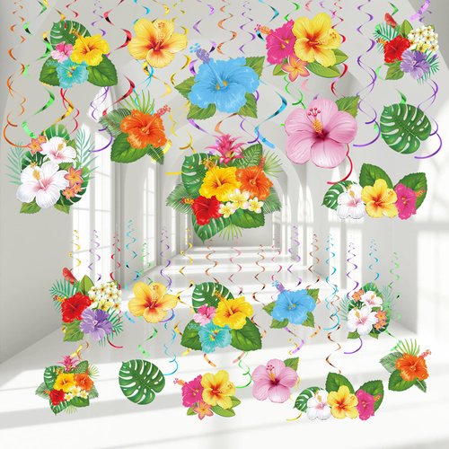 30 Pieces Hawaiian Luau Birthday Party Hanging Swirl Decorations, Flower Tropical Palm Flamingo Sign Foil Ceiling Decor for Floral Tropical Party Summer Beach Pool Party Tiki Party Supplies (Flower)