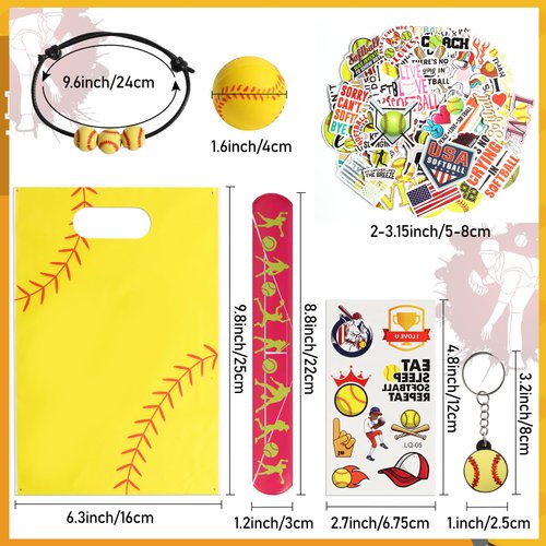 295 Pieces Softball Party Favors Supplies Set Bulk Mini Softball Slap Bracelet Tattoo Sticker Keychain Adjustable Bracelet Goodie Bag Fillers for Sports Softball Party Gifts Bags (Softball)