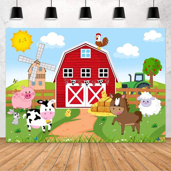 Avezano Farm Animals Backdrop Red Barn Farmhouse Birthday Party Banner Decorations Barnyard Animals Baby Shower Boys Girls Birthday Background Supplies (Red, 7x5ft)