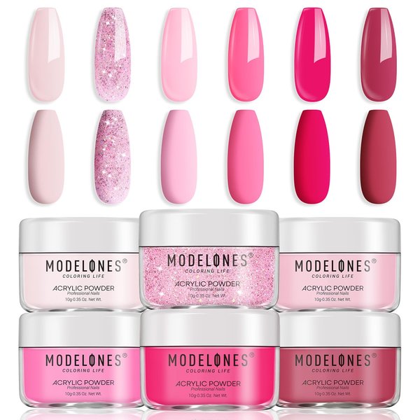 modelones Acrylic Powder 6 Colors, Pink Tones Glitter Spring Acrylic Nail Powder, Neon Pink Shades Magenta Sakura Light Soft to Dark for Valentine's Nail Art 3D Nail Carving French Nail Extension