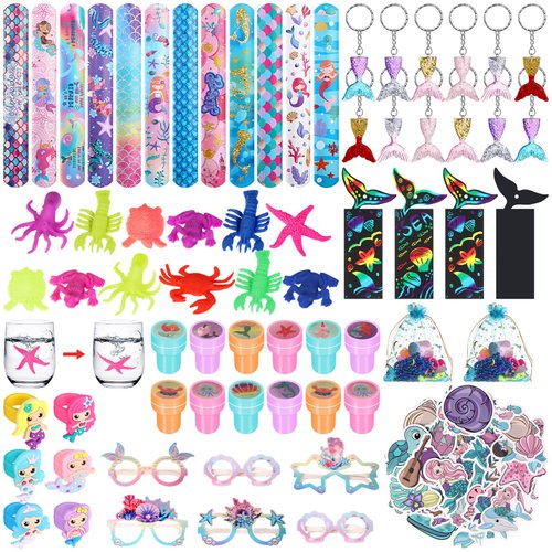 Capoda 134 Pcs Mermaid Party Favors Bulk for Girls Paper Glasses Slap Bracelets Stickers Rings Grow in Water Sea Animals Bookmarks Mermaid Goodie Bag Fillers for Mermaid Birthday Gifts Party Supplies
