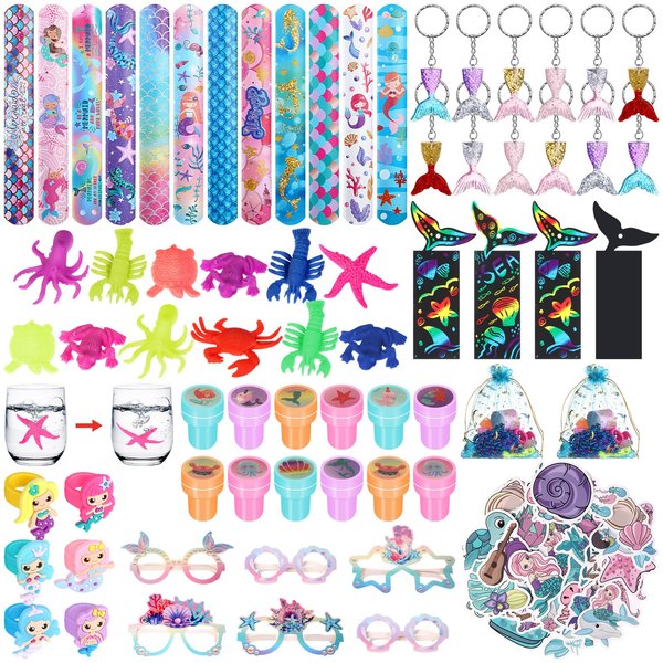Capoda 134 Pcs Mermaid Party Favors Bulk for Girls Paper Glasses Slap Bracelets Stickers Rings Grow in Water Sea Animals Bookmarks Mermaid Goodie Bag Fillers for Mermaid Birthday Gifts Party Supplies