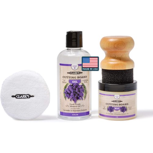 CLARK’S Cutting Board Oil and Wax Kit - Set includes Food Grade Mineral Oil (12oz), Finishing Wood Wax (6oz), Applicator Sponge & Buffing Pad, Enriched with Food Safe Lavender and Rosemary Extract