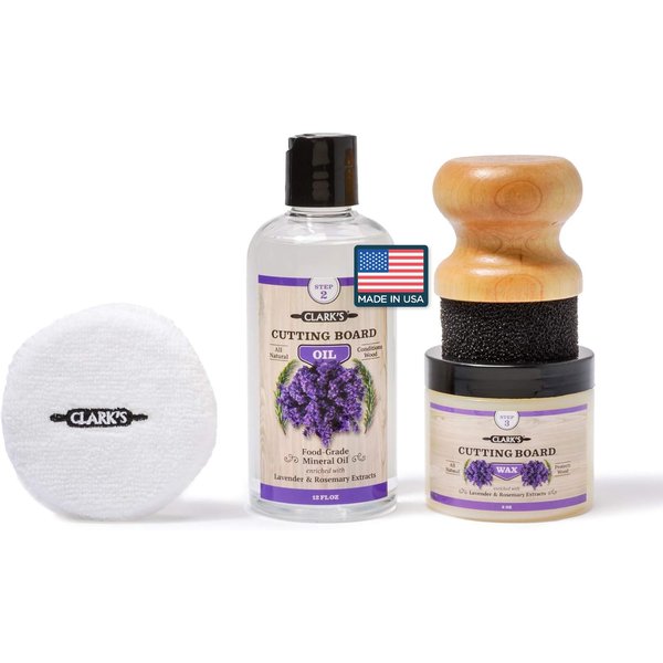 CLARK’S Cutting Board Oil and Wax Kit - Set includes Food Grade Mineral Oil (12oz), Finishing Wood Wax (6oz), Applicator Sponge & Buffing Pad, Enriched with Food Safe Lavender and Rosemary Extract