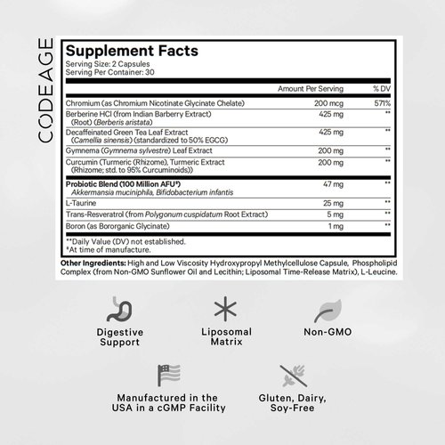 Codeage GLP-Advantage+ Supplement - Metabolic & GLP-1 Activity Support - Chromium, Berberine, Green Tea, Gymnema, Curcumin, Taurine, Resveratrol - Weight Management & Gut Health, Non-GMO - 60 Capsules