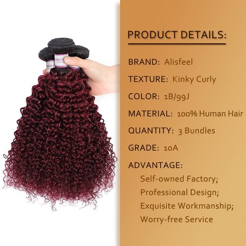 Ombre Dark Red Curly Weave Human Hair 3 Bundles 99J Brazilian Curly Hair 100g/Bundles Burgundy Kinky Curly Human Hair Extensions for Black Women (10"12"14")