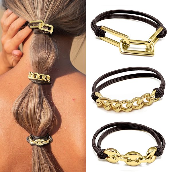 Hair Ties No Damage, Elastic Bracelet Hair tie for Thick Hair - Gold Ponytail Holders - Handmade Cute Hair Accessories, Brown