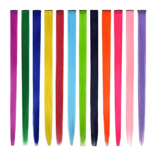 12 Pcs Colored Hair Extensions 22 Inch Colored Hair Clips Straight Synthetic Hairpieces Multi-colors Party Highlights Clip for Women Kids Girls (Colorful Set Straight）