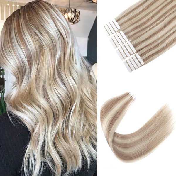 Sixstarhair Tape In Hair Extensions 20 Pieces Remy Human Hair Highlight Hair Extensions Color Swedish Blonde and Ash Blonde Piano Color For Beautiful Girl 50g/20 Pieces Pack [Color 20/60# 20inch]