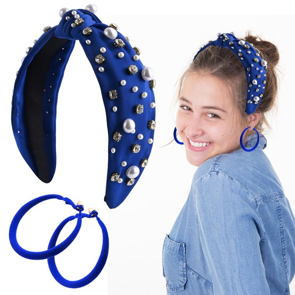 Knotted Jeweled Headband with Big Hoop Earrings, Pearl Rhinestone Jeweled Knotted Headband, Football Headband Fashion Elegant Ladies Wide Top Knot Bride Headband Bachelorette Party Hair Accessories