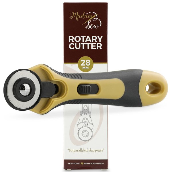 Madam Sew 28mm Rotary Cutter for Fabric | Precision Cloth Cutting Tool with Tungsten Steel Blade and Safety Guard | for Sewing, Arts & Crafts with Comfortable Handle | Craft Supplies