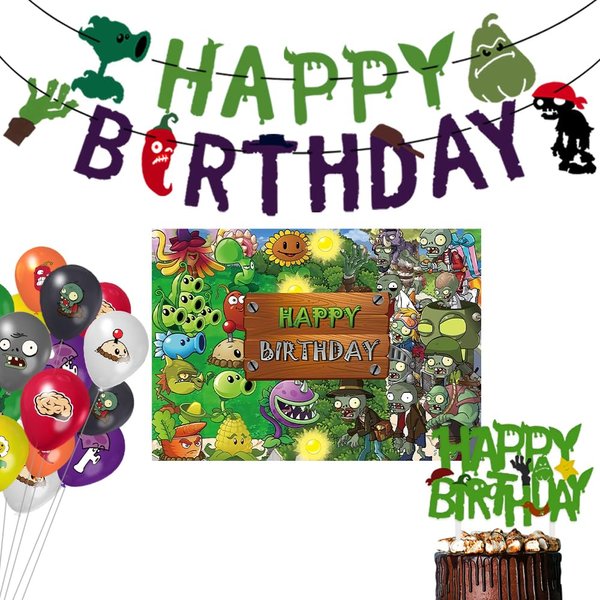 Plant vs. Zom-bies Party Backdrop Party Banner, Cake Topper, Cupcake Topper, Cup Cake Wrappers, Zombies Hanging Swirls and PVSZ Balloons for PVSZ Party Supplies Decorations/Kids Room Decor