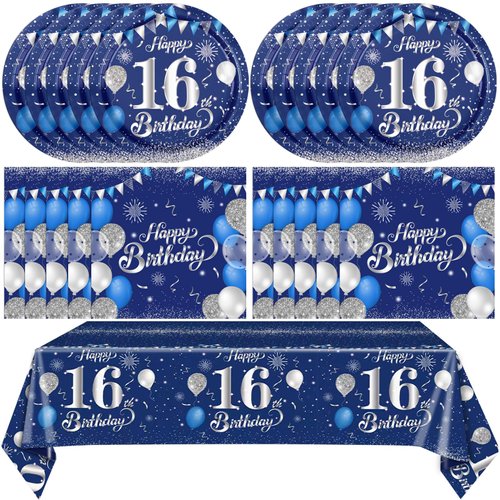 41PCS 16th Birthday Decorations for Boys Navy Blue Silver 16 Years Old Birthday Decorations Sweet 16 Plates Napkins Tablecloth for Boys Girls 16th Birthday Party Supplies