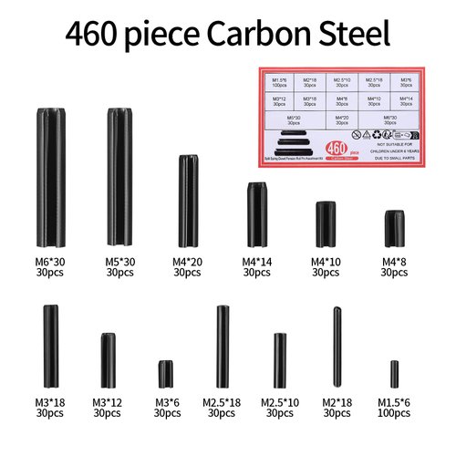 460 Pcs Roll Pin Assortment Set, Slotted Metric Spring Pins, Split Expansion Pins, Spring Dowel Tension Roll Pins, Split Expansion Spring Steel Pins Set - M1.5/M2/M2.5/M3/M4/M5/M6