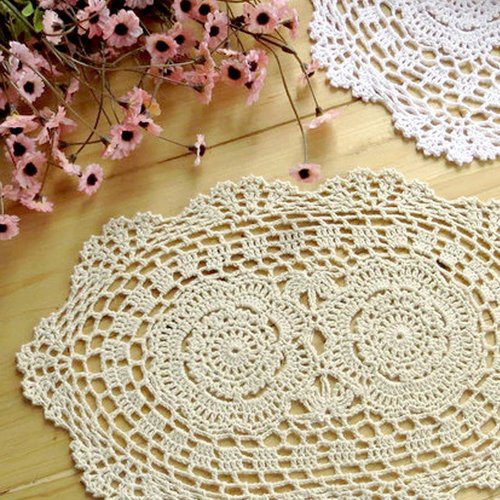 Phantomon Lace Doilies Handmade Crochet Placemats Cotton Doilies Cloth Lace, Pack of 4, Oval Shape, 10 x 14 inch (Beige)