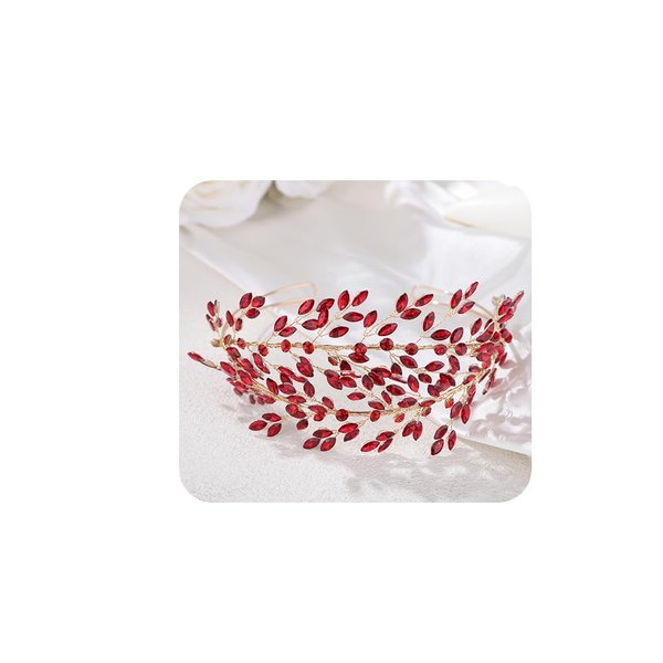 JWICOS Wedding Tiara Headband for Women Crystal Handmade Queen Leaf Bridal Headband Headpieces Wedding Hair Accessories for Prom Halloween Cosplay Party Pageant (Red)