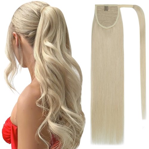 SEGO Pro Ponytail Extensions Human Hair Long Straight Ponytail Hair Extensions with Magic Paste Wrap Around Clip in Ponytail Extensions Real Human Hair,16inch #60 Platinum Blonde,80g